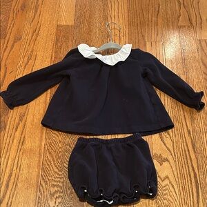 Navy Blue Pique Baby Dress with White Ruffle Collar and Bloomers